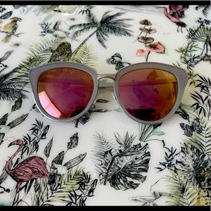 Quay Australia sunglasses: silver cat eye frames with pink metallic lenses